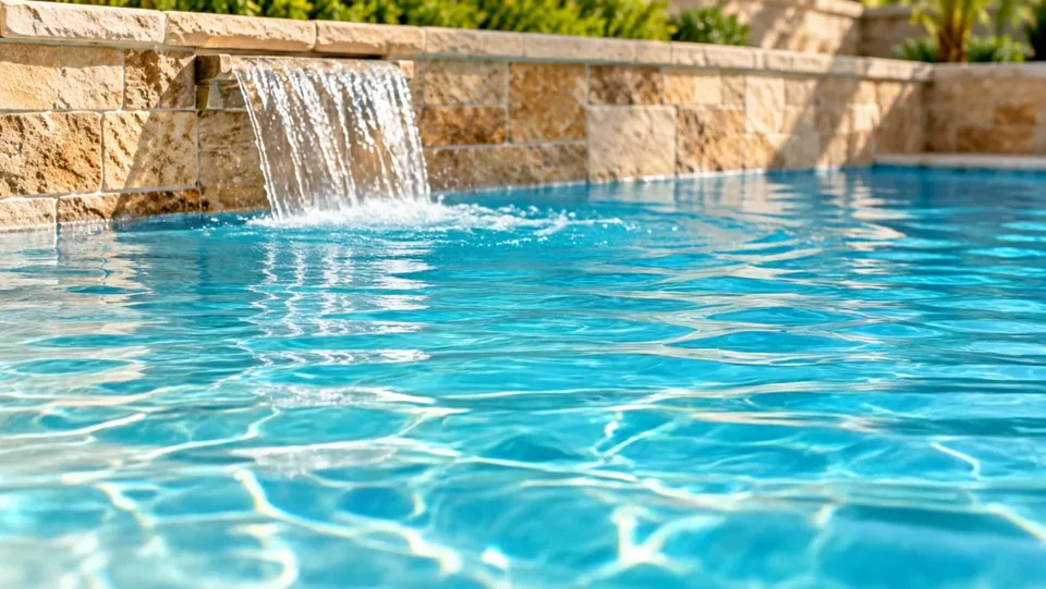 Water spilling from a stone wall into a clear blue pool